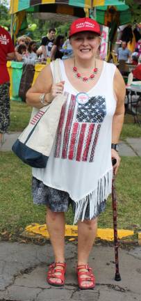 Trump controversy strikes Mexican restaurant Esther Levy in her Trump regalia at Great American Weekend, where she spent some time before going to the Cancun Inn (Photo by Ginny Privitar)