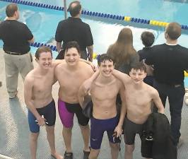 On Friday, Feb. 7, the Warwick Valley Swim Team attended the OCIAA county championships. or the county. At this event, the Warwick Valley Varsity Swim team finished in third place, beating the school record in the 200 medley relay. The old record was 1:45.20; the new mark now stands at 1:43.59. Pictured from left to right are: junior Will Danaher, senior Sean Corrigan, junior Daniel Jackson and freshman Jesse Abramson. Jackson also took more than a second off the school record for the 100 meter breast stroke by finishing at 1.00.94. The old record had been 1:01.97.
