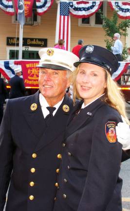 Warwick welcomes firefighters from near and far Past Warwick Fire Chief Ray Walker (1992-94) poses with Warwick volunteer firefighter Peggy Ebler. Walker traveled to Warwick from his home in Colorado.