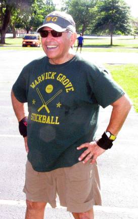 The old boys of summer The stickball league was the brainchild of Ron Genovese, pictured here playing first base,who was raised in Manhattan, and his friend Ted Kastanis, a native of Brooklyn, who was out of town for the first game of the season.