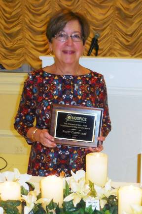 Hospice recognizes staff and volunteers at annual recognition dinner Longtime Hospice volunteer Betty Cappelleri received the Thomas P. Sullivan Volunteer of the Year Award for her long-time commitment to Hospice.