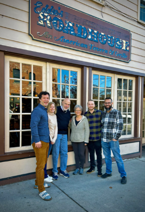 The crew from Eddie’s — Darius Ricci, Josh Liepke and Eddie Cullari Jr — flanked by Sustainable Warwick Compost leaders, Kate Debold, Geoff Howard, and Christy Erfer.