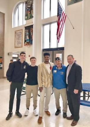 Warwick’s 2019 delegates to Boys State, left to right, Max Berryman, Adam Lazina and Vidar Hagman, are shown with American Legion Vice Commander Stan Martin and Warwick Valley High School Associate Vice Principal Keith Johnson.