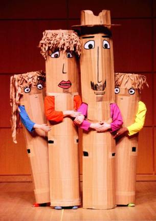 Paper Bag Players return to SUNY Orange on Jan. 12 Among the beauties of a performance by the Paper Bag Players is their use of familiar items such as cardboard boxes and paper bags for props and costumes. Here, the actors are dressed up for their act, "Lost in the Mall."