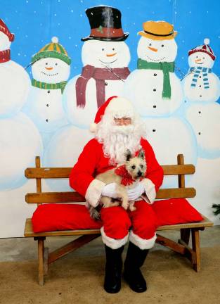 Pet photos with Santa Photo by Roger Gavan “Jax, “ a Carin Terrior adopted by Edgar and Linda Minneker, wore a red bow for a photo with Santa seated in front of a hand painted background scene.