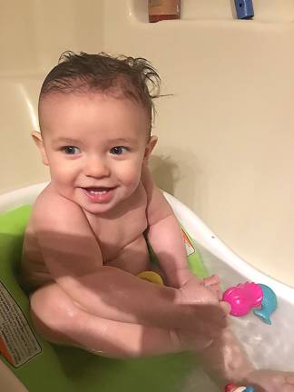 One Lucky Leprechaun Taking a fun bath at Nana’s House! Photo courtesy of Mary.