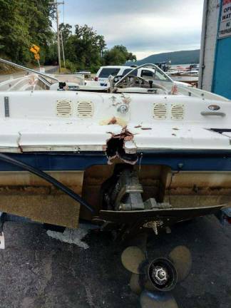 Two men remain critically injured after hit-and-run boat crash on Greenwood Lake Photo courtesy of New Jersey State Police Four people were injured in this 18-foot Bayliner boat after a hit-and-run crash on Greenwood Lake Monday.