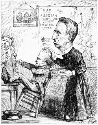 Politics as usual - 19th century-style Political cartoon, circa 1867: In his efforts to convince president Andrew Johnston to purchase Alaska, þÄúOld Mother SewardþÄù rubs þÄúRussian SalveþÄù into the presidentþÄôs bald spot.