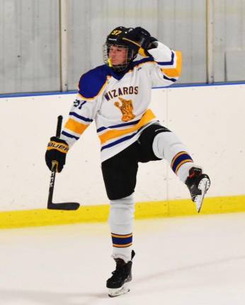 James Berry from Washingtonville celebrates a goal during the 2018-19 season at Ice Time Sports Complex in Newburgh.