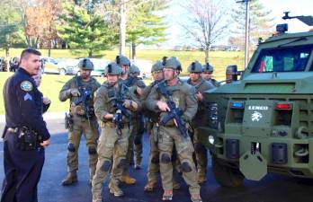 Members of the Orange County Sheriff’s Office Special Operations Group participate in an active shooter drill at Orange-Ulster BOCES in Goshen on November 8, 2022.