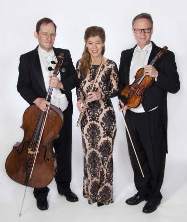 The London Trio - violist Entela Barci, flutist Carla Auld and violinist Gabriel Schaff - return to Albert Wisner Public Library on Sunday. Aug. 26, for the library's final summer season performance at the River Birch Patio.