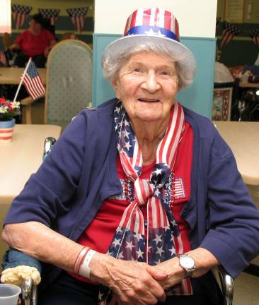 Schervier Pavilion residents celebrate Fourth of July Anne Goral dressed for the occasion.