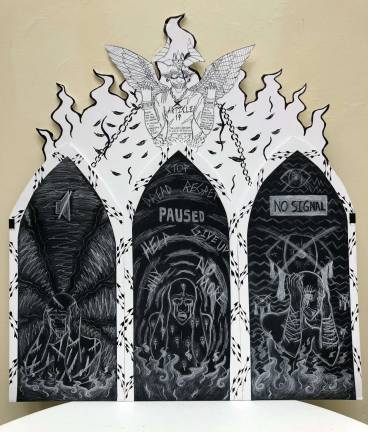 SUNY Orange hosts seventh annual 'An Artist’s Response to Human Rights' This ink and white charcoal, called "The Triptych of Human Restraint," was created by Monroe-Woodbury High School student Luca Auteri.