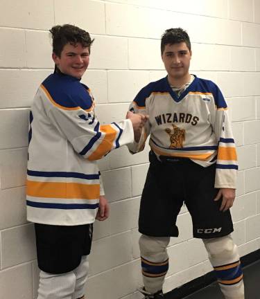 Warwick Washingtonville Ice Hockey Club heats up the ice Photo Credit: WIHC Board Ice Time Sports Complex JV Wizards John Rufrano (right) and James Berry congratulating each other on their hat tricks.