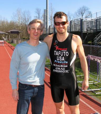 The relentless drive to fulfill a dream From left, neighbor and friend Lawrence Polsky with Warwick resident Louis Tafuto, who works day in and day out to fulfill his dream of winning a gold medal in the triathlon at the 2016 Summer Olympics in Rio de Janeiro.
