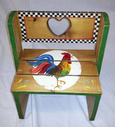 Bidding underway for Scholarship Chair Auction Amanda Faulls' folk art chicken stool will be among items to be auctioned at Warwick High School Rock & Roll Art Show next Friday.