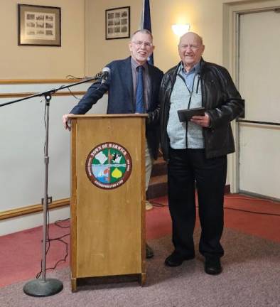 Supervisor Michael Sweeton and senior citizen liason Vince Poloniak were both honored during Thursday’s town board meeting.