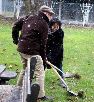 Town of Warwick Supervisor Michael Sweeton and Suzyn Barron, president of the Warwick Valley Humane Society, perform the traditional ceremonial groundbreaking for the new animal shelter.