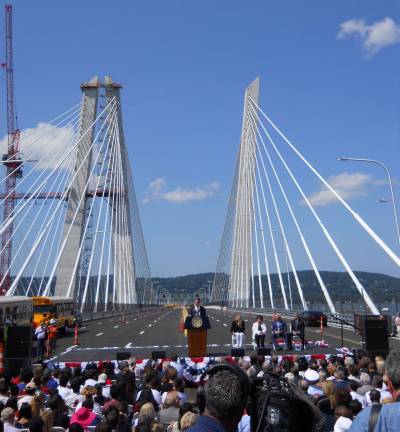 Westbound span of Gov. Mario M. Cuomo Bridge opens Photos by Janie Rosman Gov. Andrew Cuomo addresses attendees during the opening of the westbound span of the Gov. Mario M. Cuomo Bridge, formally called the Tappan Zee Bridge.