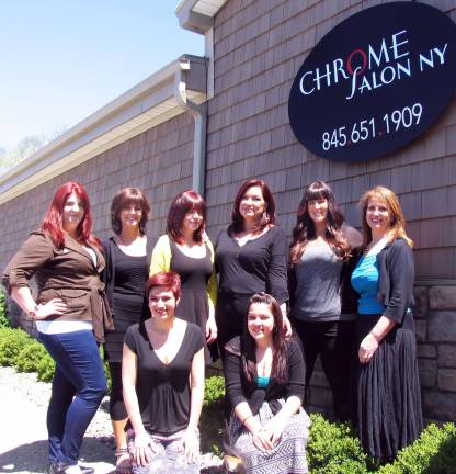 Chrome Salon NY in Florida celebrates first anniversary Photo by Roger Gavan Rear from left, Chrome Salon NY staff members Ashely Hill, Linda Desibia and Amanda Pascal, owner Regina Pawliczek, staff member Kim Younghans and receptionist Eileen Padham.Front, from left, Katrina Colman and Melissa Gaeta.