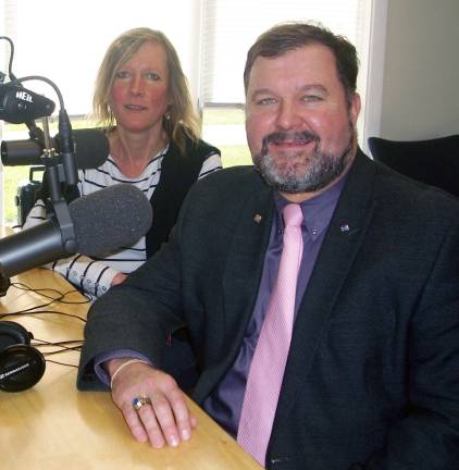 WTBQ hosts chambers morning networking gig on April 11 Edward Jones Financial Adviser Ed Lynch (right) and WTBQ Marketing & Sales Director Souzie Miller are seated around the microphones to discuss plans for The Warwick Valley Chamber of Commerce April 11 expresso business mixer at WTBQ Radio in Warwick.