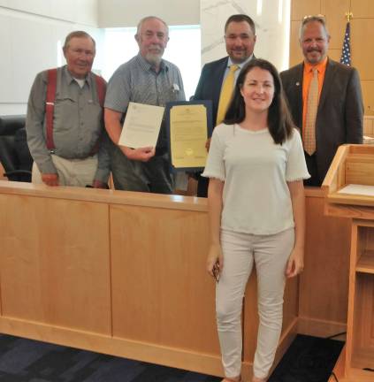 Provided photo Pictured from left to right are: Drowned Lands Historical Society President John J. Ruszkiewicz, Black Dirt Region&#x2019;s Official Historian William (Bill) Grohoski, Orange County Legislator Paul Ruszkiewicz, Chairman of the Legislature Steve Brescia and County Historian Johanna Yaun.