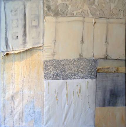Orange Regional Medical Center presents new art exhibit Lisa Zukowski, wabi, mixed media: acrylic, canvas, textile, clothing, machine embroidery, thread, and graphite, 2012, 54 x 54.