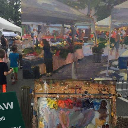 Plein-air art exhibit at Caffe a la Mode The Warwick Valley Farmers Market on June 18, as painted by Janet Howard-Fatta.