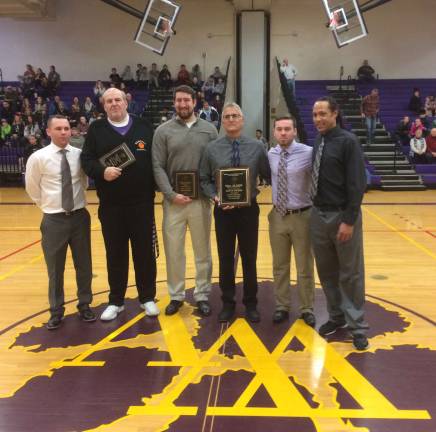 Warwick Valley High School Boys Basketball Hall of Fame induction Provided photo Pictured from left to right at the Warwick Valley High School Boys Basketball Hall of Fame induction ceremony last Saturday, Feb. 10, are: Coach Joseph Mackey, Chris Andre, Gavin Hannah, Tom Folino, Coach Kyle Smith and Coach Anthony Mann.