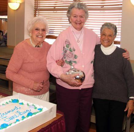 Mount Alverno receptionist June Dickten given surprise retirement party after 25 years of service Mount Alverno Center communications clerks Ali Schultz, June Dickten and Therese Graham.