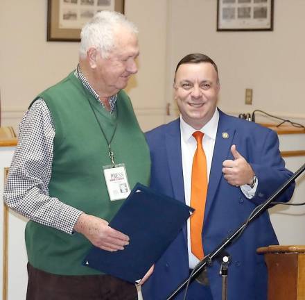 Assemblyman Karl Brabenec gives Gavan the thumb’s up after thanking him for his service with the United States Air Force.