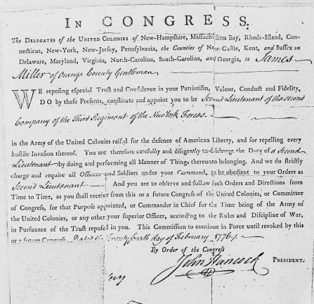 First to serve: New research on Warwick in the Revolutionary War Source: National Archives Record Group 804, Pension W19881 James Miller of Warwick served in the Continental Army at major battles and his commission was signed by John Hancock.