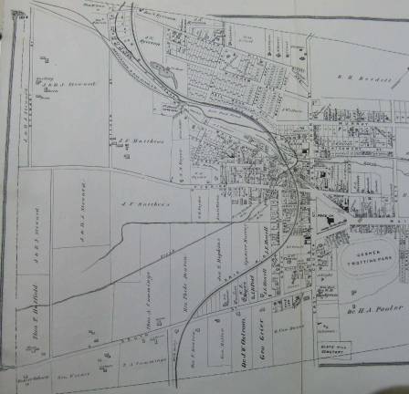 Stewards of Goshen leave strong traces Map from 1875 showing the railroad's loop around the Steward family lands.