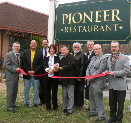 Pioneer Restaurant celebrates 10th anniversary Photo by Roger Gavan On April 10, public officials and chamber representatives joined owners Paul and Cheryl Karas to celebrate the 10th anniversary of The Pioneer Restaurant at 49 Oakland Ave. From left, Town of Warwick Supervisor Michael Sweeton, Warwick Valley Chamber of Commerce Board members Wayne Patterson and Garrett Durland, owners Cheryl and Paul Karas, Chamber Board member Tom Roberts, Executive Director Michael Johndrow, President Doug Stage and Mayor Michael Newhard.