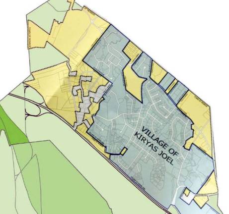 ‘Uneasy Neighbors’ Images in yellow represent the properties whose owners have asked to be annexed from the Town of Monroe into the Village of Kiryas Joel.