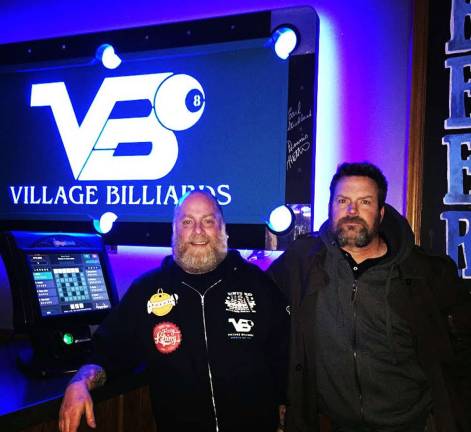 Village Billiards to feature art exhibition next Friday Village Billiards owner Adam Powers with artist Stephen Hoey. Next Friday, Feb. 5, Village Billiards, 17 Main St., will host an art exhibition featuring Hoey's series "Lower East Side."