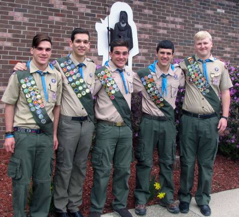 Five Troop 45 Boy Scouts advance to highest rank of Eagle Photos by Roger Gavan On Sunday, April 27, Warwick's Boy Scouts of America Troop 45 advanced five more of its members to the rank of Eagle, raising the troop's total of Eagle Scouts to 98 since it was first organized in 1960. From left, Luke Segota, Logan Vero, Eric Segota, Kyle Sarbak and Thomas van Duynhoven. (Additional photos can be found online at warwickadvertser.com.)