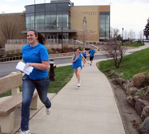 Mount math enthusiasts exercise brain and brawn The winners of this yearís Knight Race, a two-hour mathematical challenge held at Mount Saint Mary College in Newburgh, are, front to back: math majors Katherine Tischer of Port Jefferson, Rachel McGinty of the Village of Florida, Elizabeth Briskey of Hyde Park and Kevin Papageorge of Warwick.