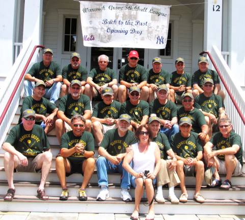 Warwick Grove celebrates Opening Day of the 2012 Stickball Season Photo by Roger Gavan Twenty-three members signed up for the 2012 season and all wore brand new baseball caps donated by Dr. Barry Sussner in memory of his father, who loved playing stickball in the streets of Brooklyn. Front from left are: Jack Hickman, Ron Genovese, John Mangano, Activities Director Patricia Starick, Gene Maloney, Ted Kastanis and Dave Eaton; center from left are: Bill Sussman, John Hainzl, Jeff Speiser, Lou Marino, Don Rochford, John Santangelo and Ira Margolis. Rear from left are: Andy Capul, Tom Pepe, Dave Halper, Ed Winstanley, Al Ridella, Roy Casse and Pat McGinley. Not present for the photograph: Larry Berman, Frank Atkins and Barry Sussner.