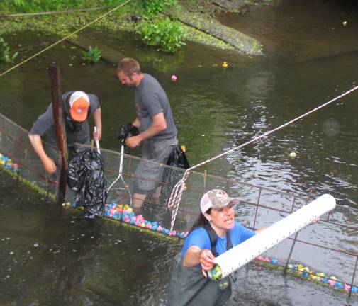 Warwick’s 23rd annual Duck Derby held Sunday, May 19 Winslow riding instructor Cathe LaPenna, assisted by Todd LaPenna, left, and Kevin Hordych, hands up a tube with the 10 winning ducks in order of finish. The ducks were then matched with the ticket numbers and the names of the lucky winners.