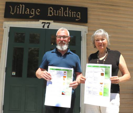 Warwick Mayor Newhard sends best practices environmental letter to all local restaurants Photo by Roger Gavan Mayor Michael Newhard and Julia Calderon of Sustainable Warwick holding “Best Practice” chart.