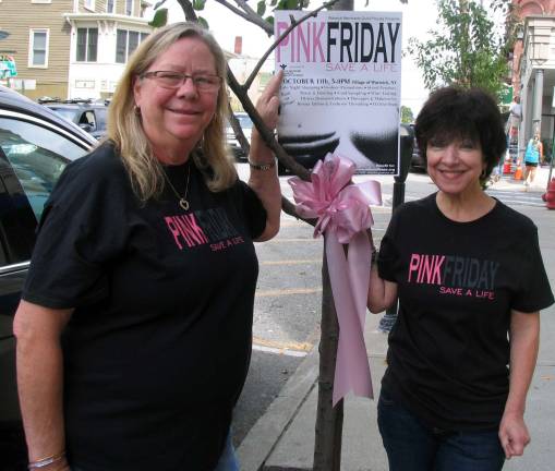 Second annual Pink Friday to feature entertainment along with education Photo by Roger Gavabn From left, Merchants Guild Treasurer Debbie Iurato and President Mary Beth Schlichting will begin tying Pink Ribbons along Main Street and Railroad Avenue on Tuesday, Oct. 1.