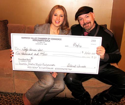 Merchants Guild presents proceeds of Ladies Night Out to Safe Homes Phiti by Roger Gavan On Dec. 16, Tim Mullally, chair of Ladies Night Out, and Kellyann Kostyal-Larrier. executive director of Safe Homes of Orange County, posed for a symbolic presentation of a check for proceeds from the 16th annual Ladies Night Out. (Editor's note: The Merchant Guild re-used the ornamental check it presented to Safe Homes in 2012; this year's contribution to Safe Homes was $1,327.