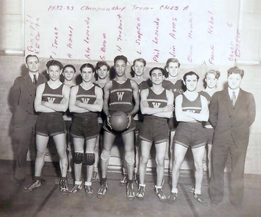 Warwick Boys Basketball Team 1932-1933. Pictured from left to right are Principal Smith, J. Specht, A. Pesenhol, P .Lesando, G. Baum, H. Teaboot, L. Simpson, Phil Lesando, J. Ayers, E. Munson, F. Nobel and Coach Baker. Photo provided by Warwick Valley High School Athletic Director Gregory Sirico.