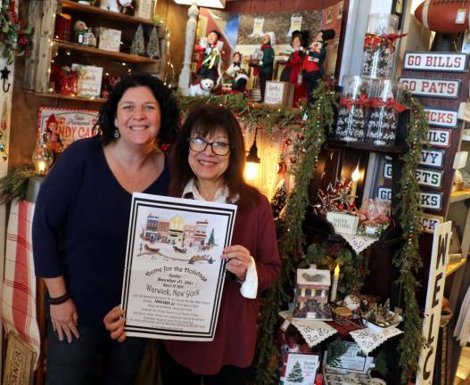 Home for the Holidays co-Cchairs from left, Corrine Iurato and Mary Beth Schlichting with a traditional Home for the Holidays Poster. Photo by Roger Gavan.