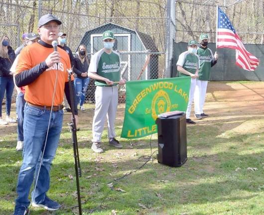 Mayor Jesse Dwyer spoke of how he, too, played Little League baseball when he was younger. He also commemorated the new scoreboard named in honor of Jeff Hart. Hart passed away in January from COVID virus. Hart’s former employer, Interstate Waste Services of Sloatsburg, paid the costs of the new scoreboard.
