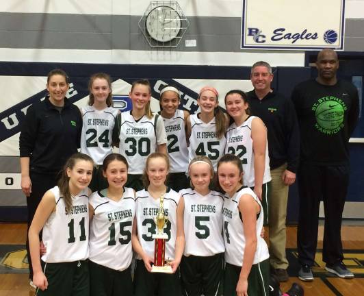 Three-peat Pictured from left to right, beginning with those standing in back, the members of the St. Stephen seventh grade girls championship CYO basketball team are: Coach Deb Girardi, Fiona Egan, Marni Jones, Skylar Blanton, Paige Girardi, Brigid Danaher, Assistant Dave Evans and Coach Larry Washington; and those in front are: Maddie Leale, Courtney Evans, Maggie Nelsen, Kiera Larney and Megan Desrats.