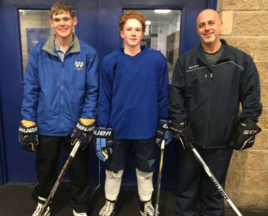 Warwick Washingtonville Ice Hockey Club players take spotlight in games Photo Credit: WIHC Board Assistant JV Coach Chris Rohe, Jack Vander Plaat and JV Head Coach Chris Deftereos.