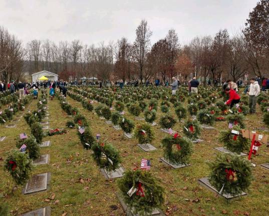 Orange County hosts Wreaths Across America ceremony at Veterans Memorial Cemetery Provided photos Approximately 3,000 wreaths were laid during the Wreaths Across America ceremony by more than 200 volunteers at the 19-acre Veterans Memorial Cemetery in Goshen last Saturday.