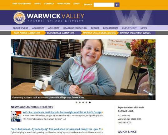 Warwick School District recognized for excellence in public relations Provided photo The new Warwick Valley School District website design features news stories and a rotating photo gallery on the home page, a page with photo for each school and webpages with a wide variety of important information for parents, students, staff and community members.